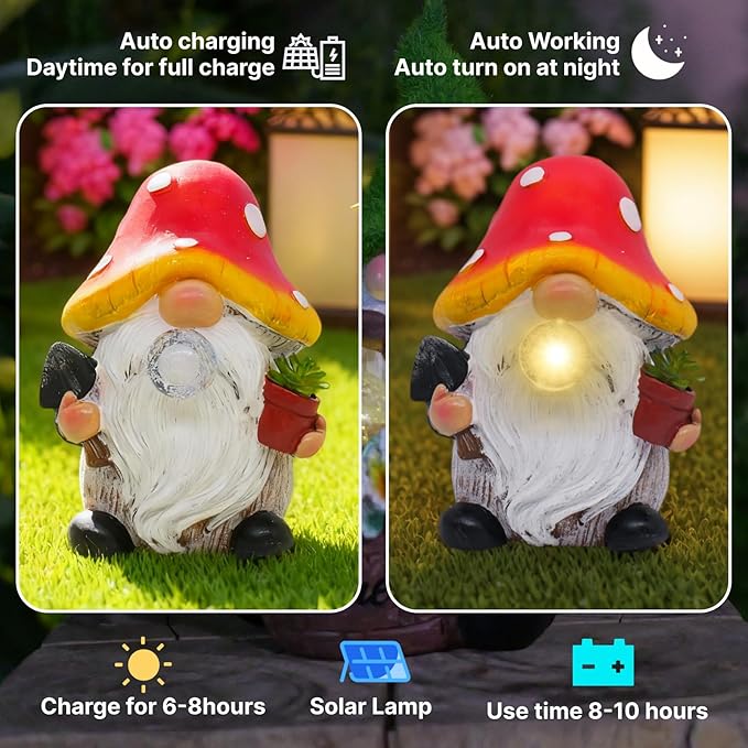 Garden Gnome Statues Decor with Solar Lights, Outdoor Decorations for Yard Porch Lawn Balcony Patio, Housewarming Gifts
