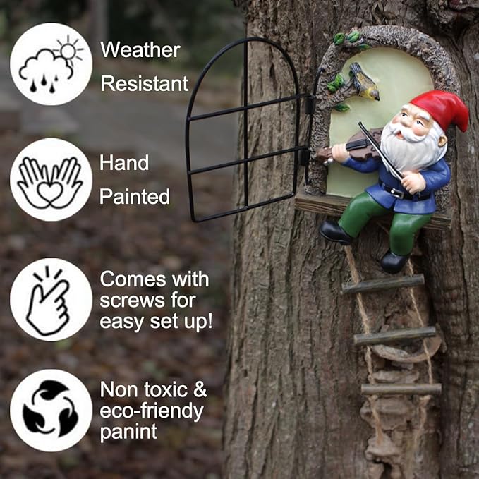 Garden Gnome Window Statue for Trees and Wall, Dwarf Playing Violin Luminous Fairy Garden Miniature Accessories, Glow in The Dark Art Sculpture
