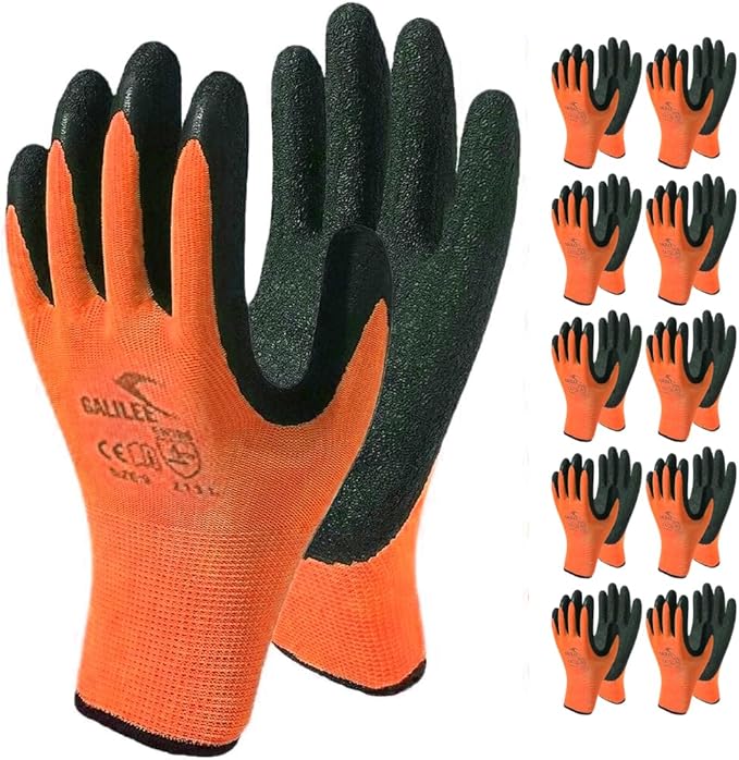 OTECKO Safety Work Gloves with Latex Rubber Coating, Non-Slip Grip, Breathable and Washable, Pack of 10 Pairs