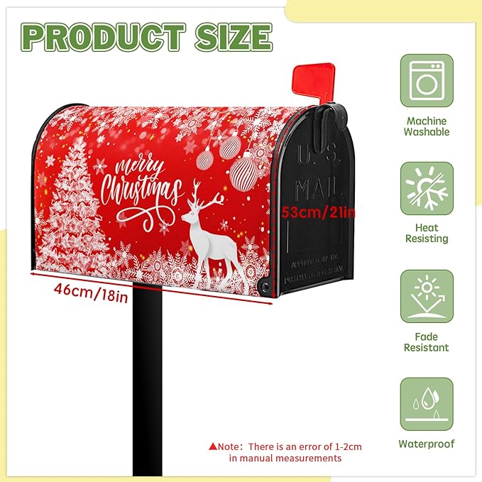 Merry Christmas Mail Box Covers Magnetic Standard Size 21x18 inch Winter Deer Snowflake Mailbox Cover Xmas Tree Mail Box Wrap for Outside Garden Yard Red