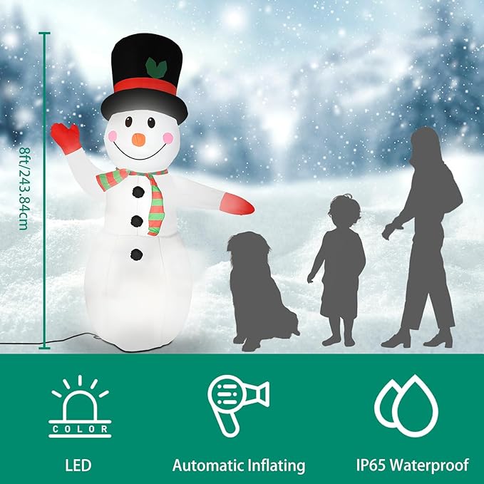 8FT Christmas Inflatable Snowman, IP65 Lighted Blow Up Gentle Snowman with LED Lights, Automatic Inflation Yard Decorations for Lawn Garden Holiday Decor