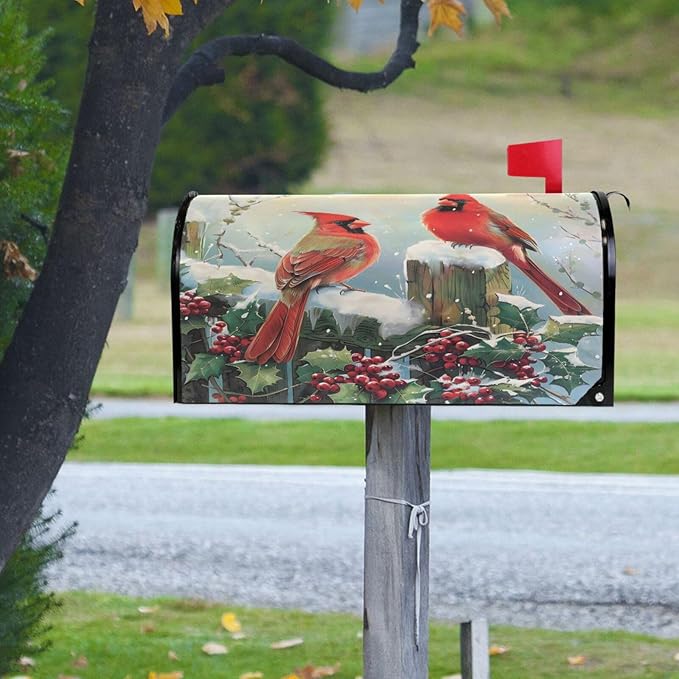 SUABO Mailbox Cover Red Birds Cardinals Standard Magnetic Mailbox Covers Wraps for Christmas Home Yard Garden Decor