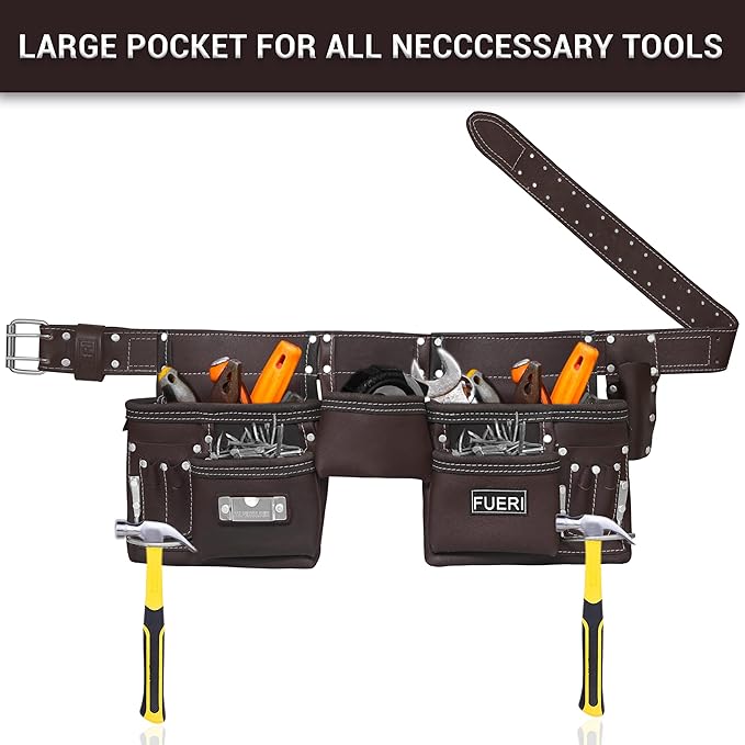 FUERI 11 Pocket Leather Tool Belt fot Men, Comess with Dual hammer holster Organizer for Carpenter, Construction, Electrician