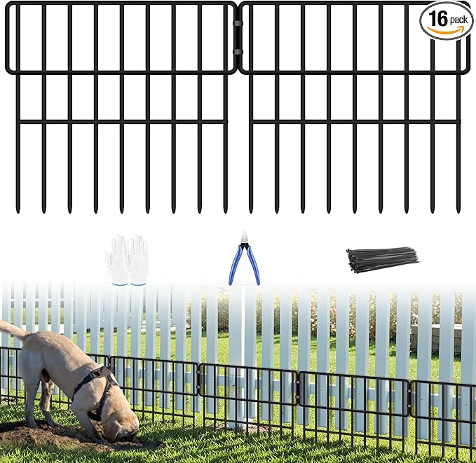 Animal Barrier Fence, 16 Panels No Dig Fence 17.3ft(L) x12in(H), Garden Fences for Rabbits and Dog Ground Defense, Rustproof Metal Fences Border, Fencing Bottom Blocker for Outdoor Yard Patio