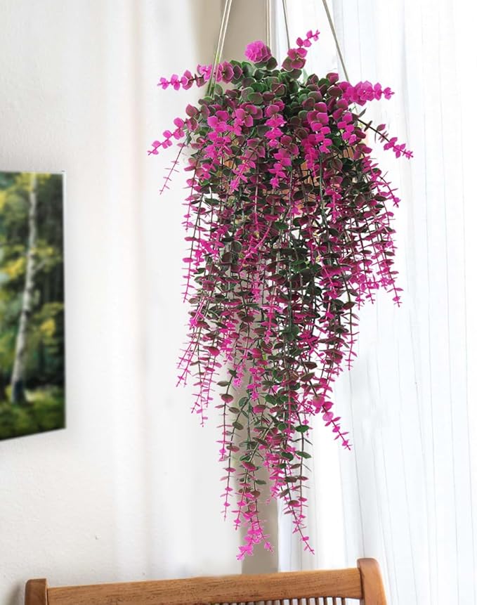 RECUTMS Fake Monkey Plants Hanging Eucalyptus Vines Fake Vines Faux Hanging Plants for Outdoor Garden Yard Backdrop Decor Indoor Room Table Wall Home Hanging Decoration(Fuchsia)