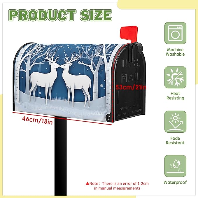 Winter Deer Mailbox Cover Snow Mailbox Covers Magnetic Standard Size 21x18 inch Christmas Post Letter Box Cover Outdoor Decor for Garden