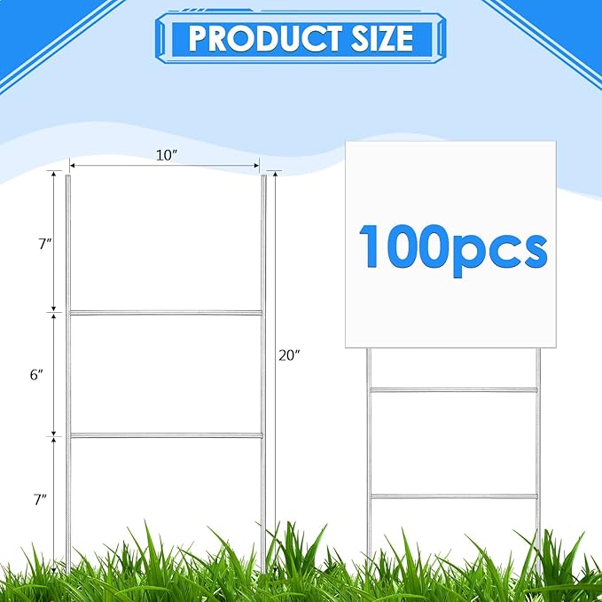 Therwen 100 Pcs Yard Sign Stakes 20'' x 10'' Metal H Heavy Duty Frame Wire Stakes Galvanized Lawn Sign for 4mm 5mm Corrugated Advertising Board Yard Garage Holder Christmas Decor
