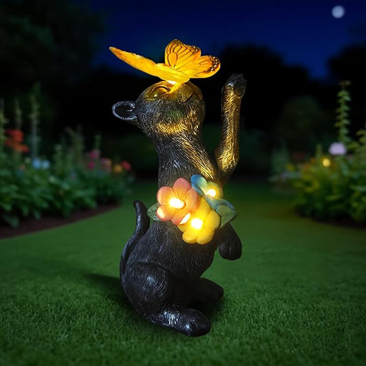 Solar Cat Garden Statue Outdoor Decor - Resin Cat Butterfly Statues for Outside Waterproof, Animal Figurines for Patio Balcony Yard Art Lawn Ornaments, Unique Birthday Gifts for Mom /Women/Grandma
