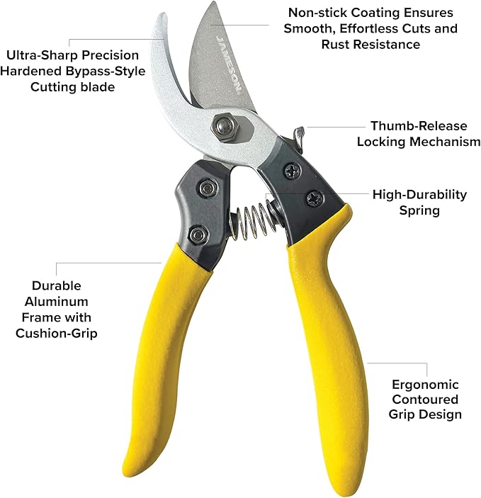 Jameson Bypass Pruning Shears – 3/4″ Cutting Capacity, Ultra-Sharp Non-Stick Blades, Durable Cast Aluminum Frame, and Ergonomic Cushion-Grip