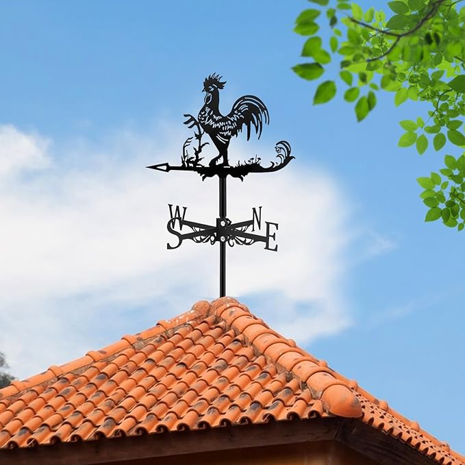Fenteer Metal Rooster Shape Weathervane Roof Mount Weather Vane Outdoor Scene Chicken Garden Weather Vane for for Shed Garden Yard Patio Decor