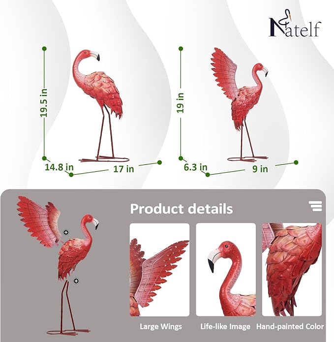 Natelf Flamingo Garden Statues Outdoor Decor, Set of 2 Metal Flamingo Yard Art with Spread & Folded Wings, Weather-Resistant Pink Flamingo Lawn Sculpture for Patio, Backyard - Gift for Women, Mom