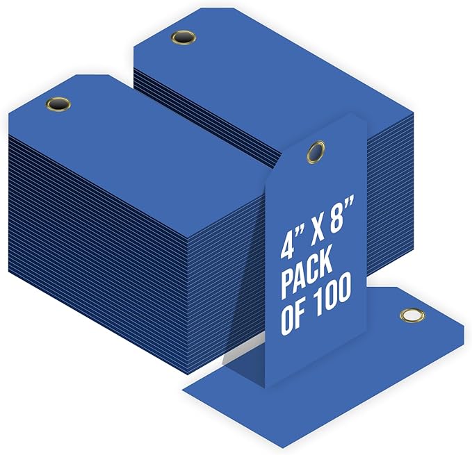 Tags 4 Less 15 Mil Waterproof Plastic Tags, Pack of 100 – 4” x 8” Heavy Duty Plastic Tags for Labeling, Outdoor Tagging, Equipment Labeling, Luggage, Valves & More (Dark Blue)