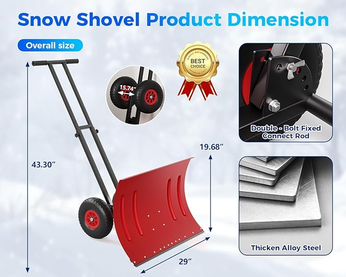 Garvee 29" Snow Pusher Shovel with Wheels,Heavy Duty Steel Snow Shovel with Wheels,Angled Blade Efficient Snow Removal With5-Position Angled Blade & Adjustable Handle for Doorway, Sidewalk, Red