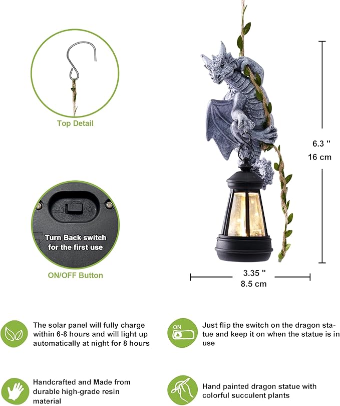Nacome Dragon Outdoor Statues for Garden: Outside Hanging Climbing Sculptures with Lantern Decor for Yard Art Porch Balcony - Christmas Birthday Gifts for Grandma Mom Women