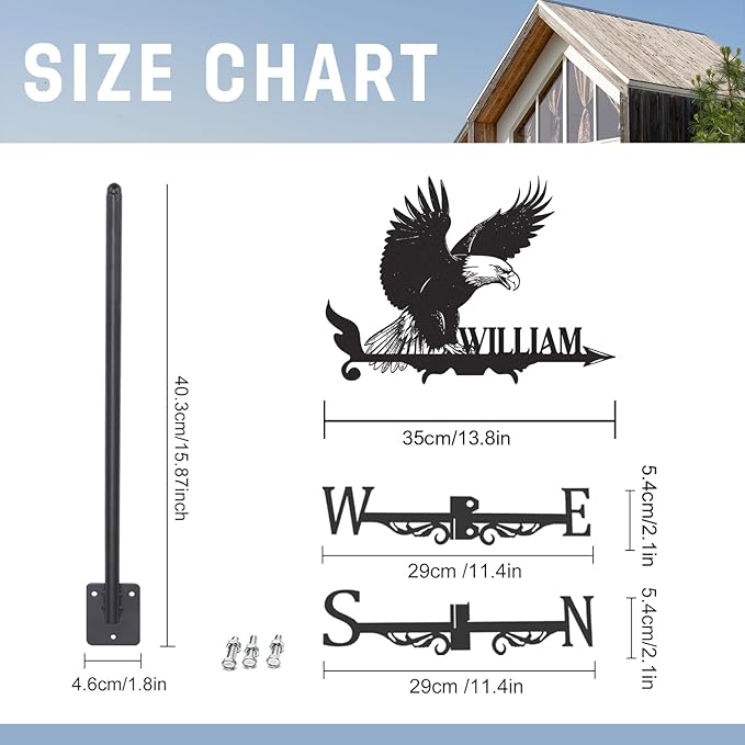 Personalized Eagle Metal Weather Vane, Custom Family Name Weathervane, Wind Direction Indicator, Weather Vanes Roof Mount, Wind Vane Outdoor Decor for Shed Farmhouse Garden Yard, Customized Gifts