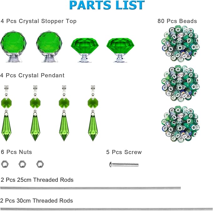 Exway 100 PCS DIY Fairy Wand Beaded Garden Stake Beads Kits with Green Large Hole Beads 4 Crystal Stopper Top Threaded Rods and 4 Green Sparkling Crystal Pendants for Outdoor Indoor Decor