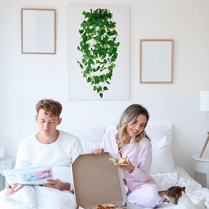 Fake Hanging Plants for Room Decor, Artificial Ivy vines Greenery Leaves Garlands for Home Aesthetic living Bedroom kitchen Office Wall patio Bookshelf, Indoor,Outdoor decorations(No Basket)