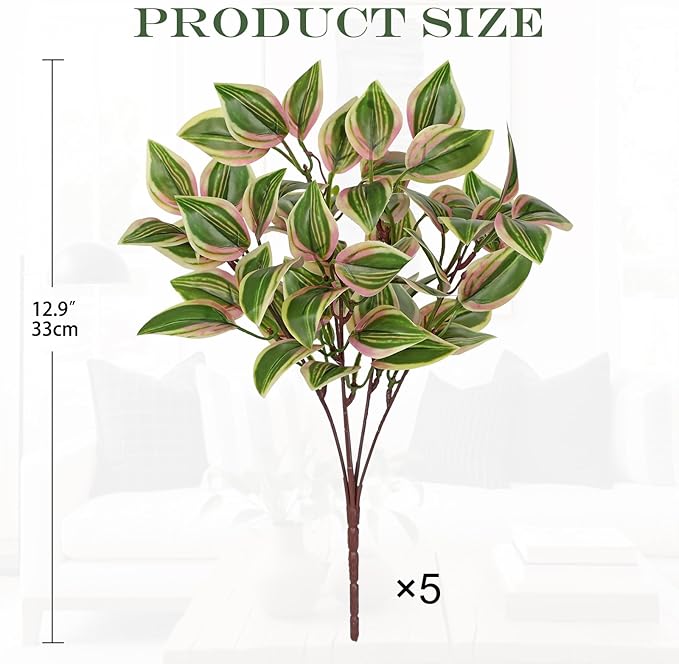 Hollyone 5 Bundles Artificial Greenery Plants Stems Faux Wandering Jew Leaves Plant Bouquet Fillers for Arrangement, Fake Shrub Bushes Plants for Home Centerpiece Indoor Outdoor Garden Patio Porch