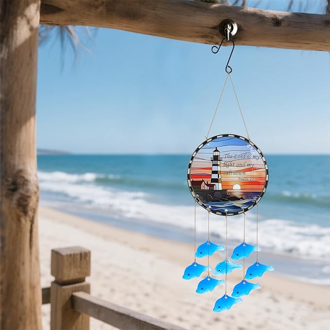 Sea Glass Fish Wind Chimes for Outside, Lighthouse Glass Windchimes Outdoors, Windchimes Outdoors Unique Suncatcher, Patio Beach Outdoor Home Garden Decor, Memorial Garden Christmas Decoration Gifts