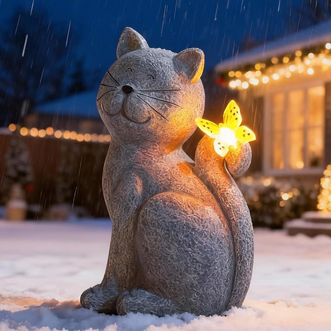 Garden Decor Cat Statues: Outdoor Sculptures with Glowing Butterfly for Lawn Ornaments Yard Art Porch Patio Balcony - Gifts for Mom Grandma Women