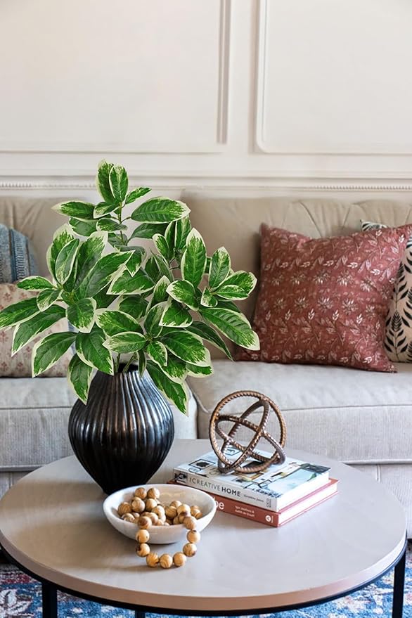Artificial Greenery Branches 29.9" Faux Leaves Stem for Vase Filler 3pcs Fake Fiddle Plant for Table Centerpiece Home Office Party Wedding Decoration Green and White
