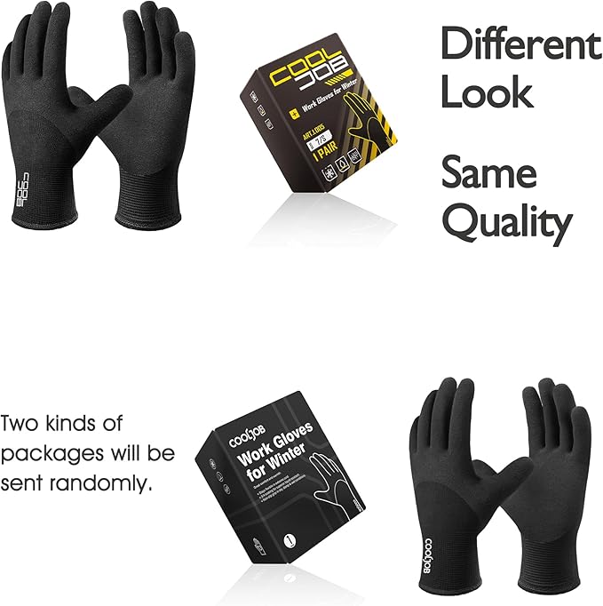 COOLJOB Winter Freezer Work Gloves for Men Women with Grip, Windproof Thermal Warm Fleece Lined, 3/4 Latex Coated for Heavy Duty, Construction, Warehouse, Black, 1 Pair, M