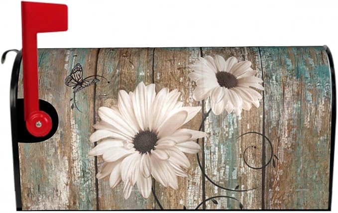 Rustic Daisy Board Mailbox Cover Magnetic, White Sunflowers Vintage Wood Grain Plank Mailbox Wrap Letter Post Box Cover for Yard Garden Outside Home Decor, Large Size 25.5x21 Inch