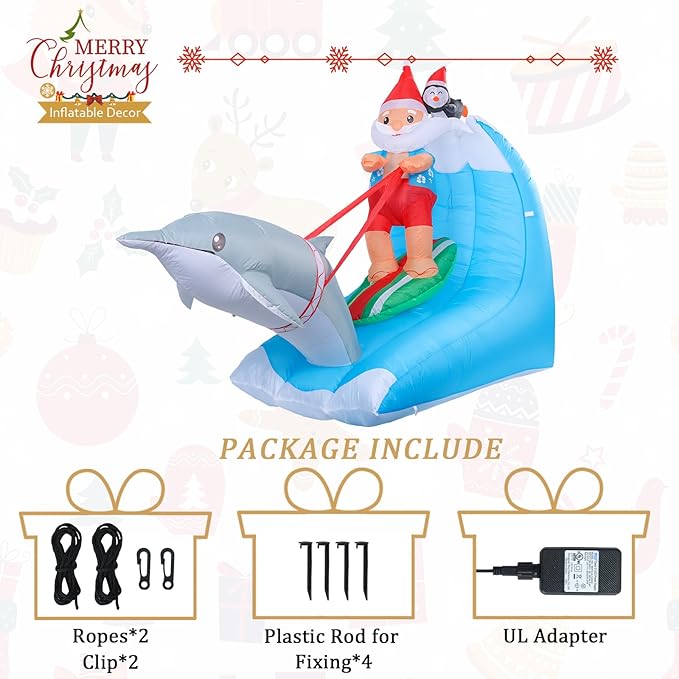 MUMTOP 7.55FT Long Christmas Inflatables Outdoor Decorations, Inflatables Surfing Santa Claus with Penguin Dolphin Blow up Christmas Yard Decoration Built-in LED Lights for Outdoor Party Holiday Decor