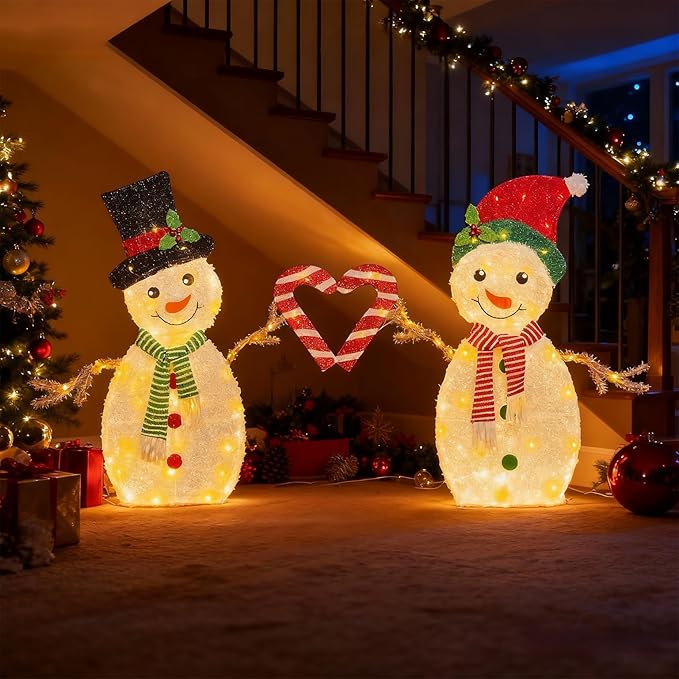 Outdoor Christmas Decorations, Light Up Snowman Couple, 32 Inch, Warm White LED Lights, Christmas Yard Decorations with 80 LEDs, 2M Cord, Weather-Resistant