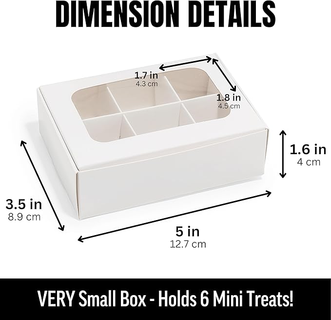 25 pcs White Mini Truffle Box for 6 treats with Windows and Dividers, Bakery Boxes, 5 x 3.5 x 1.57 Inches VERY SMALL Baking Boxes, Square Truffles Box for Gift Giving