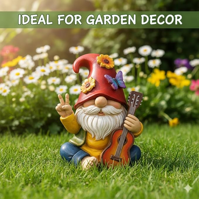 Peace Sign Garden Gnome Figurine Outdoor Statue, Funny Guitar Playing Dwarf Rock Music Decor - 6‘’ Resin Lawn Ornament, Unique Housewarming Gift for Music Lovers & Gardeners (Red)