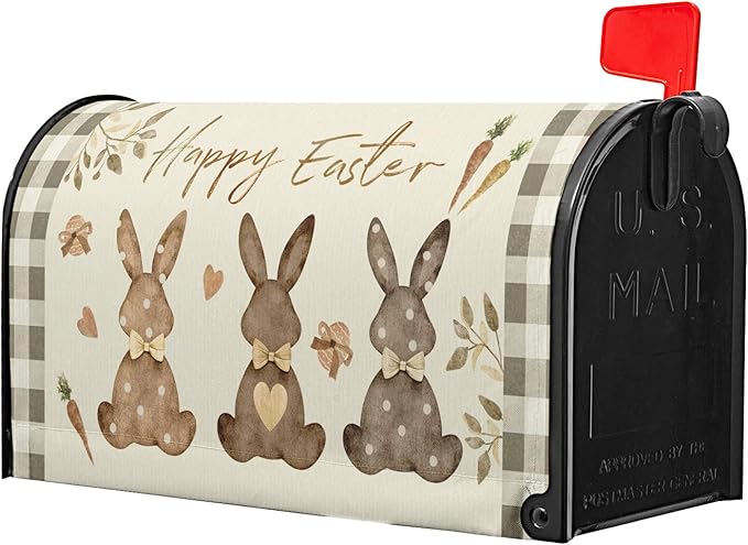 Happy Easter Mailbox Cover, Magnetic Large Size 25.5x21 Inches, Spring Bunny Rabbits Egg Carrot Mailbox Wrap Post Cover with Buffalo Plaids for Garden Yard Outdoor Home Decor