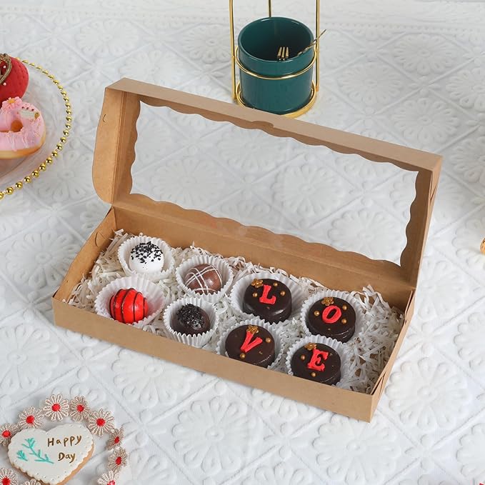 15pcs 12x5x1.5 Inch Borwn Cookies Boxes with Window Bakery Boxes Macaron Boxes Cakesickle Boxes Chocolate Truffle Boxes Donut Treat Boxes for Christmas Valentine's Easter Mother's Day