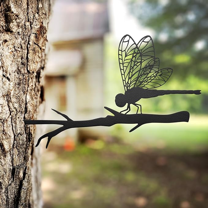 Dragonfly Metal Tree Spike Silhouette – 17” Laser-Cut Garden Decor – Weather-Resistant Outdoor Yard Art – Made in USA – Decorative Metal Garden Stake for Trees, Planters, and Landscapes