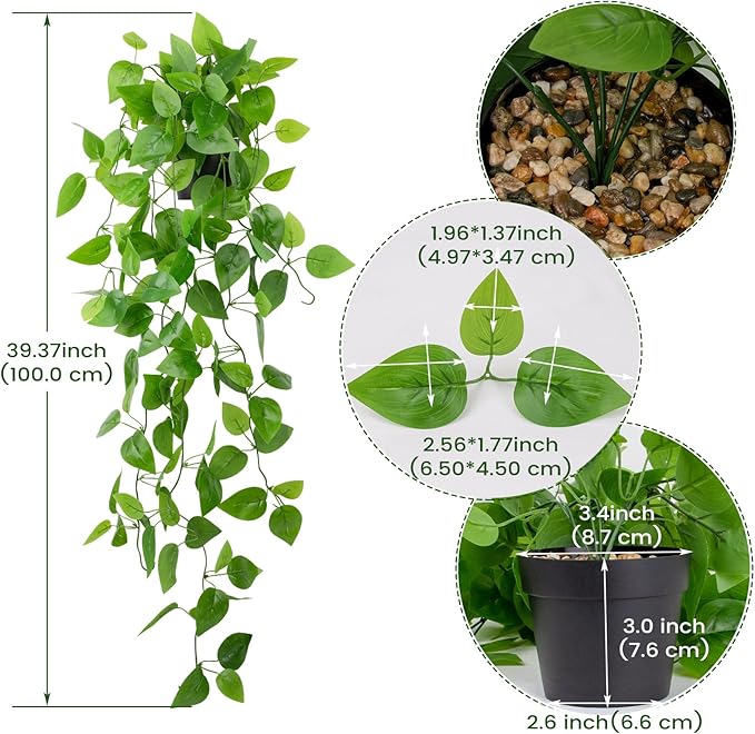 LOYWREE 2 Pack Small Artificial Hanging Plants with Faux Ivy Vine and Hanging Pothos 39Inch Fake Plant Realistic Greenery for Shelf Decor in Home, Office, Indoor & Outdoor Gardens