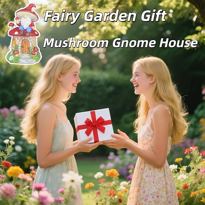 Solar Garden Gnome Decorations Outdoor Statue, 8.3" Fairy Gnomes House Ornaments for Outside, Mushroom Decor for Yard Patio Lawn Proch, Gardening for Women Mom Grandma Kids