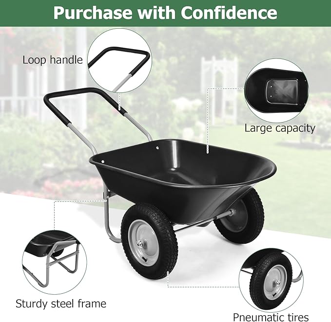 ERGOMASTER Dual-Wheel Wheelbarrow, Home Utility Garden Cart, 330 LBS Capacity, Large Heavy Duty Yard Cart for Gardening & Planting, Lawn, Farm, Construction Site, Black