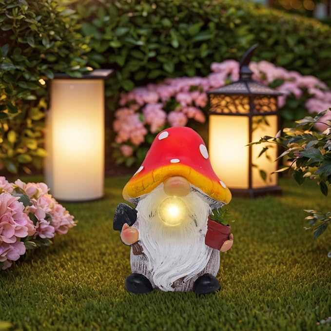 Garden Gnome Statues Decor with Solar Lights, Outdoor Decorations for Yard Porch Lawn Balcony Patio, Housewarming Gifts