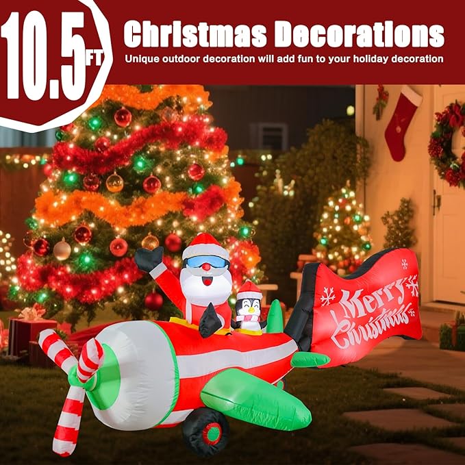 VCUTEKA Christmas Inflatables Outdoor Decorations, 10.5FT Blow Up Airplane Santa Claus and Penguin, Animated Christmas Inflatable Rotating Propeller, LED Light Yard Decoration for Holiday Garden