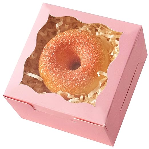 qiqee Pink Bakery Box with Window 4x4x2.5 inch 30Packs Macaron Boxes Small Donut Pastry Boxes for Party Mini Cookie Boxes