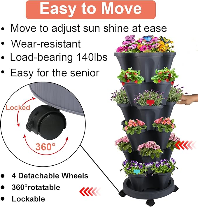 GameXcel Vertical Planter, 6 Tier Stackable Strawberry Planter with Garden Tool Set, Movable Indoor/Outdoor Garden Herb Pot for Growing Vegetables and Succulents, Dark Gray