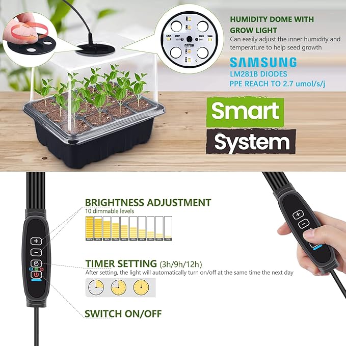 Seedling Starter Trays 5 Packs Seed Starter Tray with Grow Light, Smart Controller Seed Starting Trays Kit with Humidity Dome (60 Cells) Indoor Gardening Plant Germination Trays Black