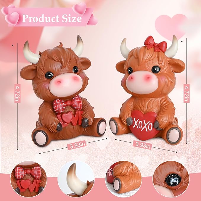 2PCS Valentines Highland Cow Figurine Valentines Day Gifts Valentines Day Decor Highland Cattle Love XOXO Highland Cow Gnomes Resin Figurine Statue Farmhouse Table Home Garden Decor
