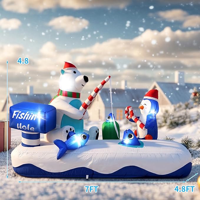 7FT Giant Inflatable Christmas Decor,Cute Polar Bear Fishing with Penguin, Holiday Party Decor,Outdoor Blow Up Yard Decoration with Built-in LED Lights for Xmas, Garden, Lawn
