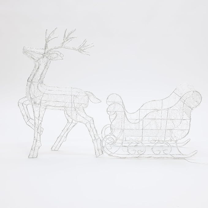 LuxenHome Lighted Reindeer Christmas Outdoor Yard Decorations, Prelit Reindeer and Sleigh Indoor & Outdoor Christmas Decor with 250 LED Lights, Xmas Decorations for Front Porch, Lawn, Garden Display