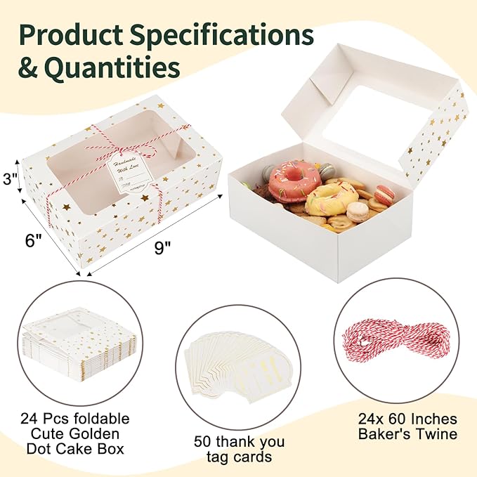 24 Sets Christmas Cookie Boxes with Window Treat and Pastry 9x6x3 Inches Gold Bakery Boxes Container for Gift Giving Christmas Chocolate Covered Strawberries,Donut,Mini Cake Packaging Boxes