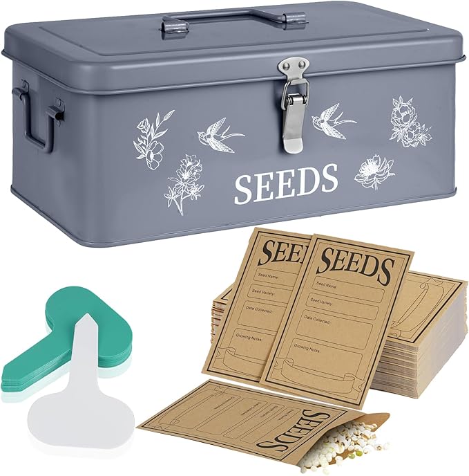 FACULX Seed Organizer Storage Box, Seed Saver Kit with 40 Plant Labels and 40 Seed Envelopes, Metal Seed Storage Organizer, Seed Saving Box, Seed Packet Container, Large, Grey