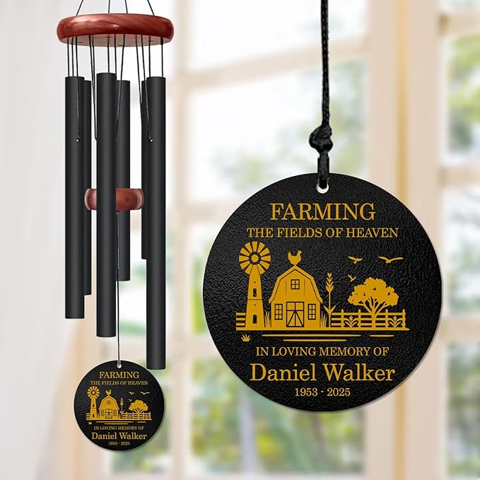 Personalized Farming Memorial Wind Chime – “Farming The Fields of Heaven” Custom Name & Years – Sympathy Gift for Loss of Loved One – Remembrance Windchime for Farmers & Country Life Tribute Décor