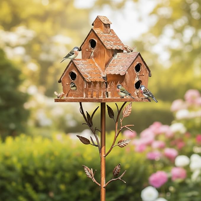 75" Large Copper Colored Multi-Birdhouse Stakes - Metal Bird Houses Stake with Pole for 4 Bird Families in Each for Outdoor Patio Yard Garden Decoration