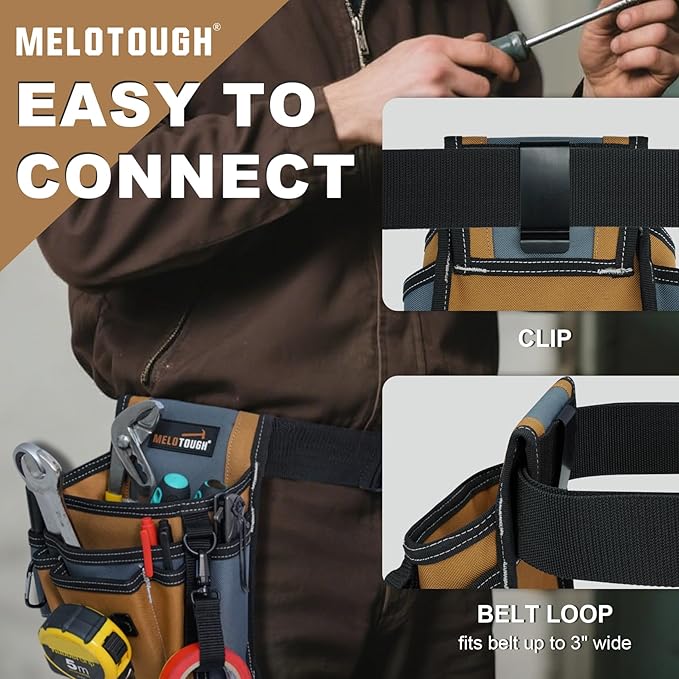 MELOTOUGH Electrician Tool Pouch with Belt Clip, 2 Inch Heavy Duty Work Belt Set for Men, Utility 13 Pockets Tool Pouch for Contractors & Roofing, Adjustable Carpenter Organizer Set